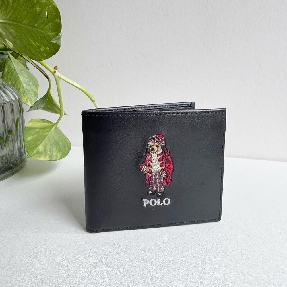 Polo Ralph Lauren Black Leather Toggle Coat Bear Bifold Wallet